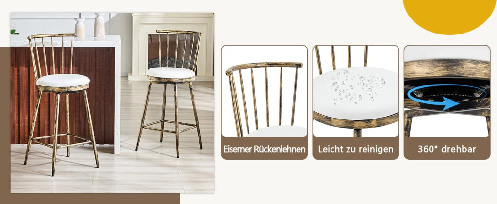 Sgabello da bar con schienale Windsor in metallo e seduta imbottita in PU marrone e bianco 73 × 45,5 × 45 cm