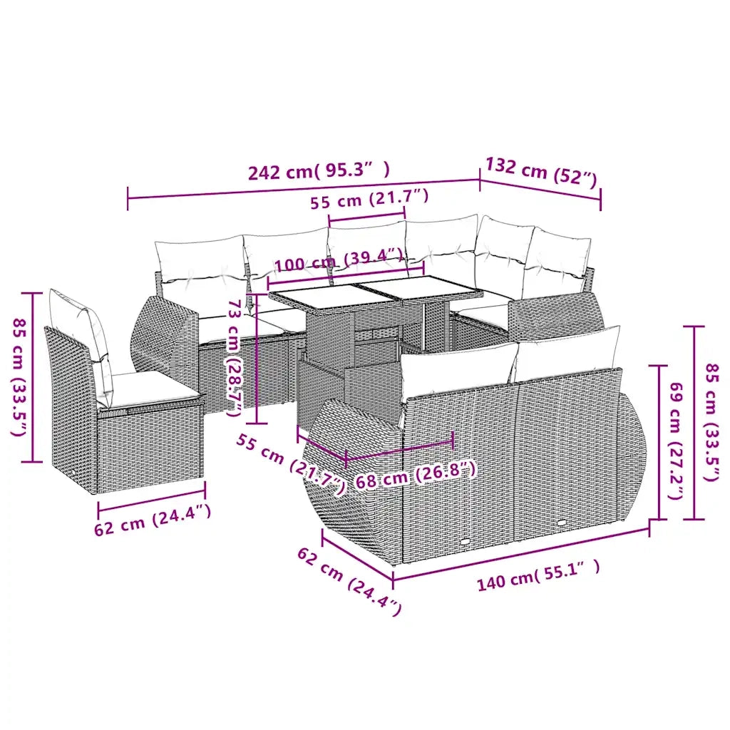 Set Divano da Giardino 9 pz con Cuscini Beige in Polyrattan 3268668