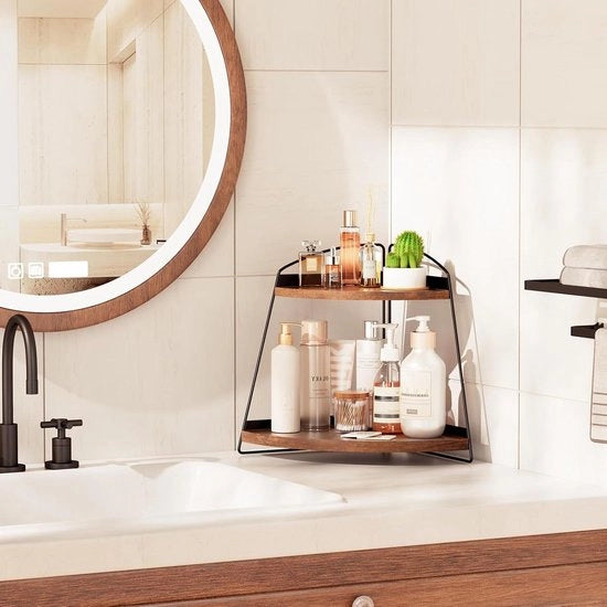 Organizzatore per angolo bagno in legno 2 livelli marrone 2 pezzi - Pannello per la cura della pelle