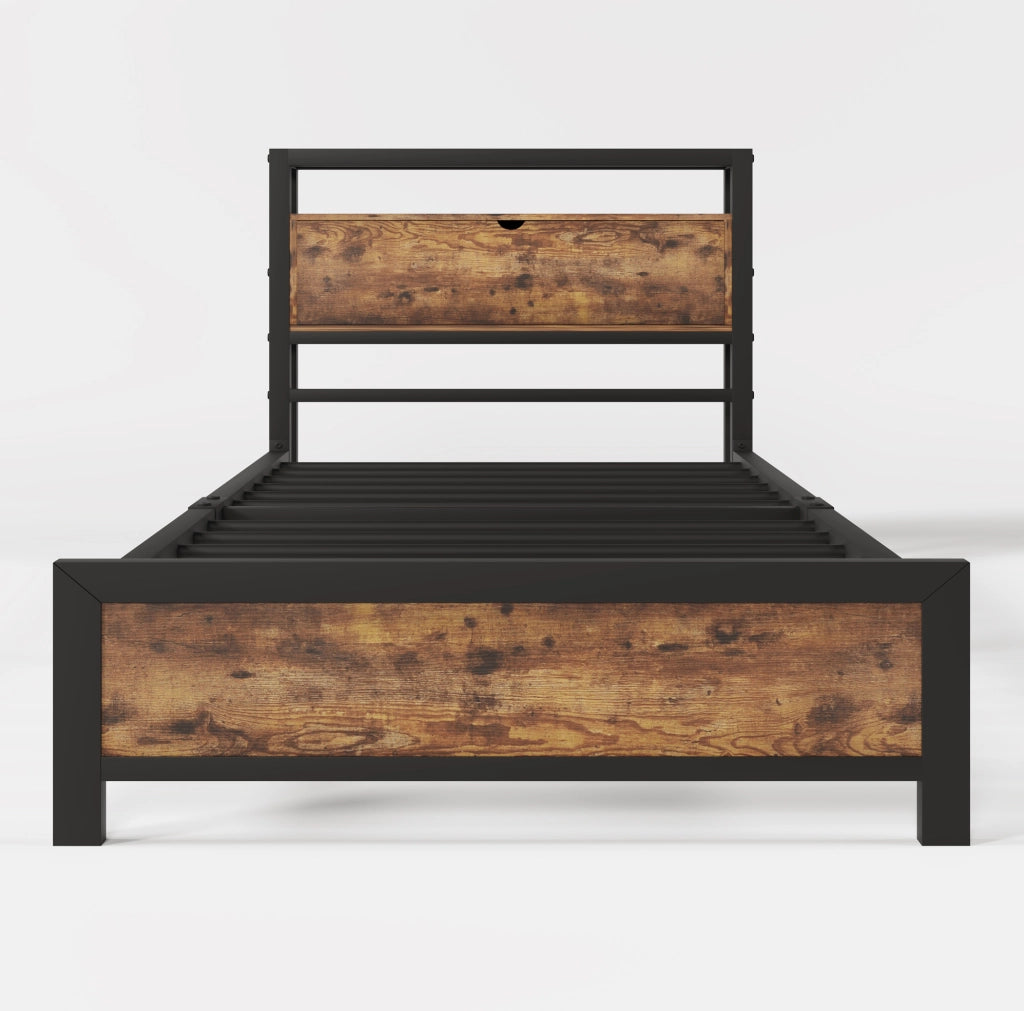 Letto singolo 90x200 cm; testiera con ripiani; metallo e legno; colore naturale (Senza materasso)