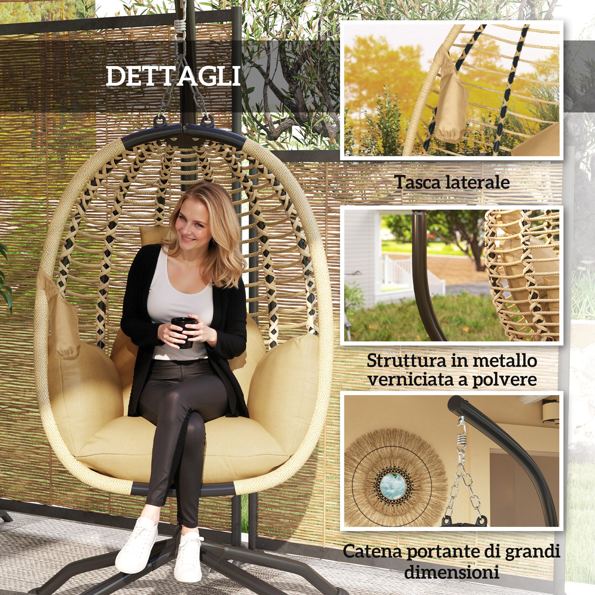 Poltrona Sospesa con Cuscino Imbottito Seduta Pieghevole e Struttura in Acciaio e Corda Beige