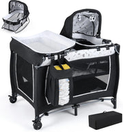 Culla Campeggio Bambini 5 in 1, Lettino Viaggio Neonati Pieghevole con Materasso, Fasciatoio e Tettoia, Box Portatile con Ruote, 2 Giocattoli Appesi e Carillon, per Bambini 0-3 Anni (Bianco)
