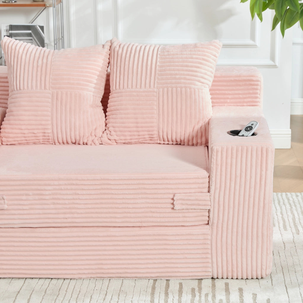 DIVANO Pouf 151x133x64 cm in Velluto a Coste Rosa con 2 Cuscini