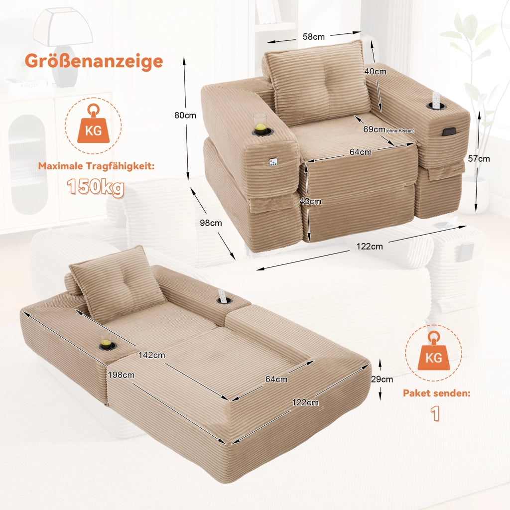 Divano letto in velluto a coste con cuscini in memory foam, tasche laterali e portabicchieri, kaki 122 × 98 × 80 cm