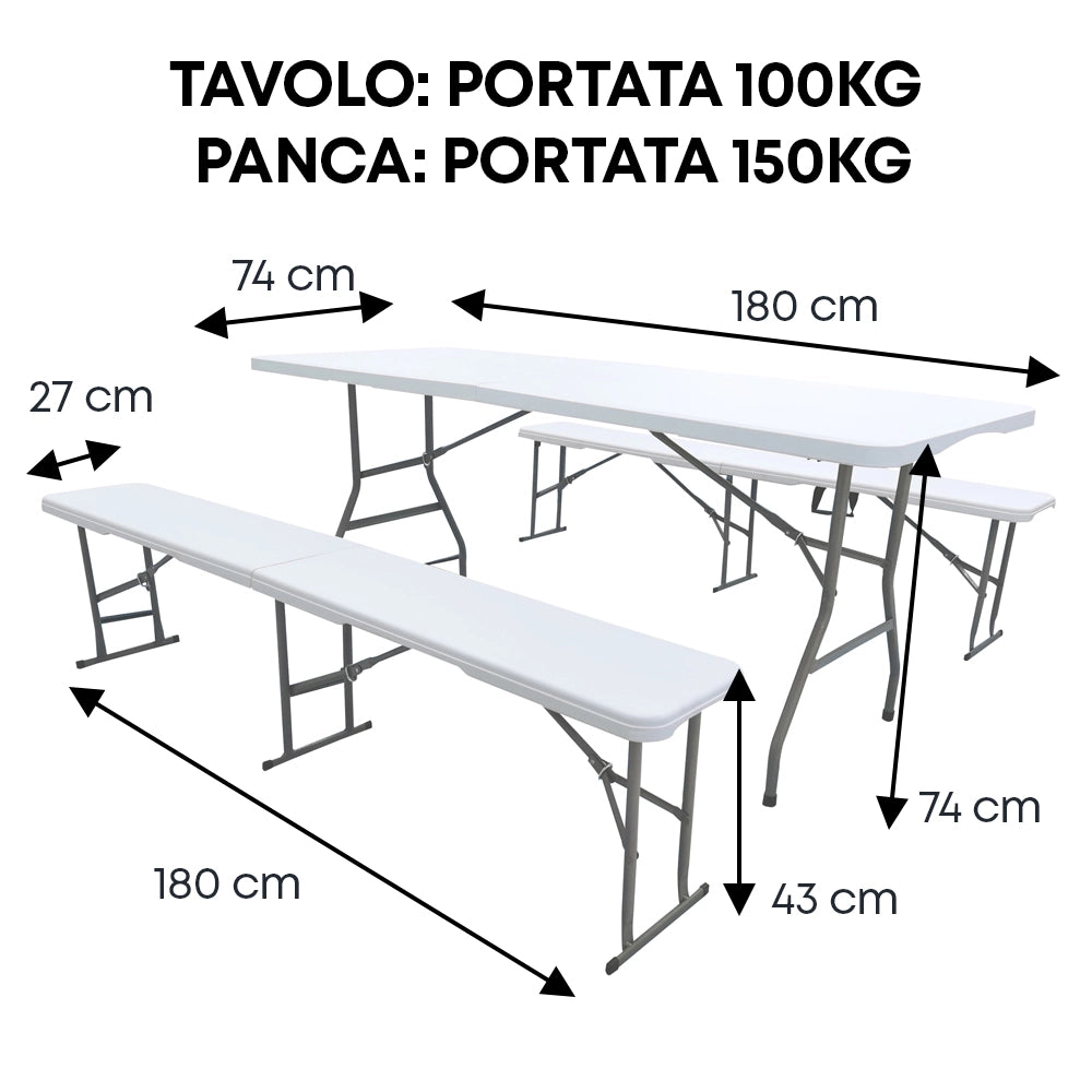 Set Da 3 Pezzi Tavolo + 2 Panche Pieghevoli Set Birreria Interno Esterno 180 Cm XXL 6/8 Per Feste Sagre Posti Maniglie Per Trasporto Giardino Campeggio Struttura Acciaio Impermeabile Uv Resistente Tavolino E Panchine Vacanze