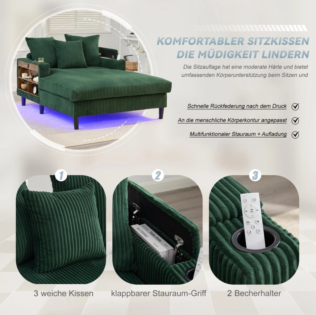 Chaiselongue in velluto a coste smeraldo con LED, portaoggetti e USB