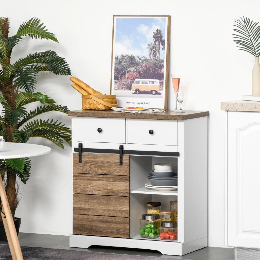 Mobile da Cucina Rustico con 2 Cassetti, Ripiani Aperti e Portabottiglie, in Legno e Metallo, 80x39x86 cm