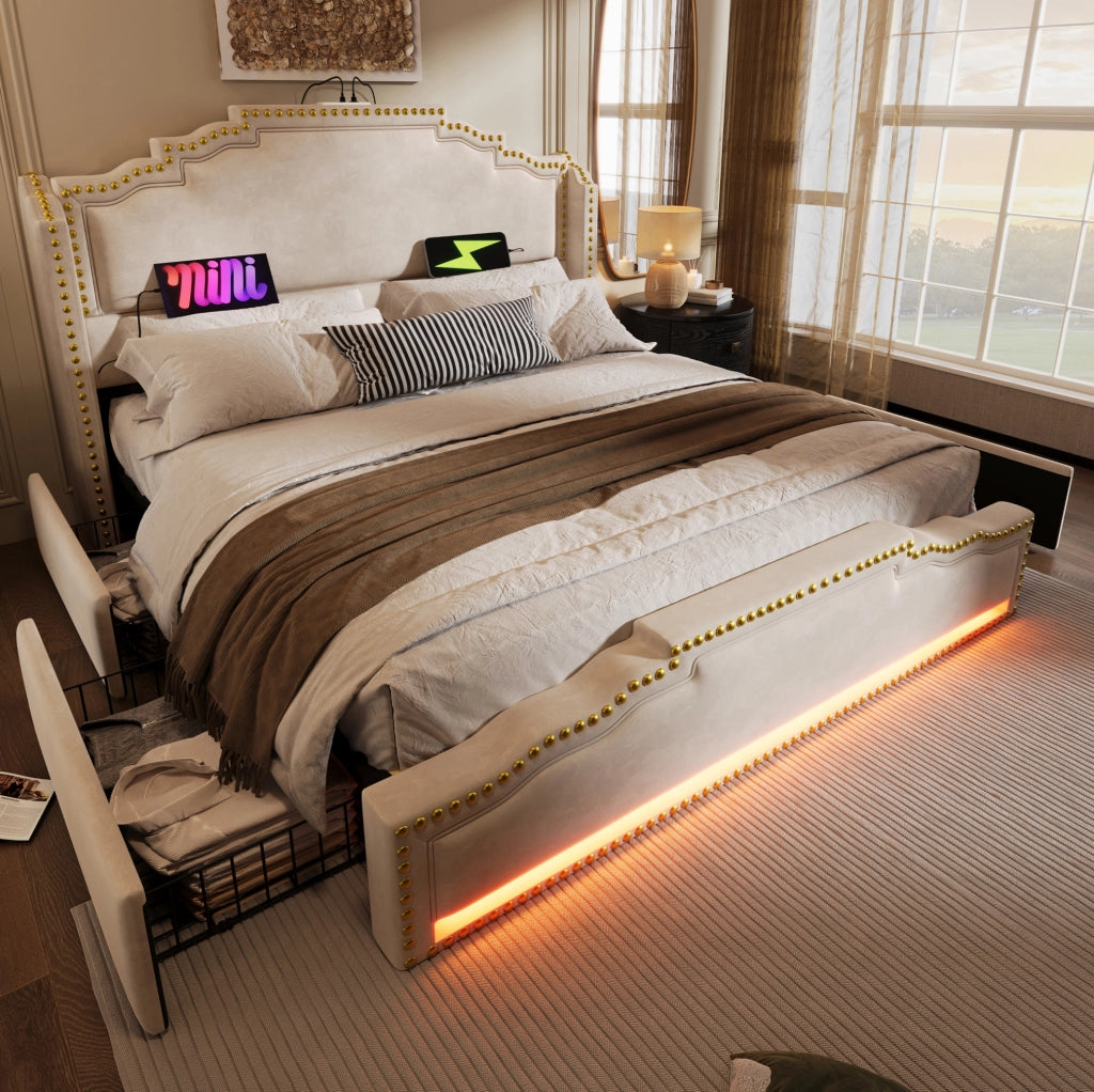 Letto 160x200 cm con 4 cassetti; LED e USB Type-C in velluto beige