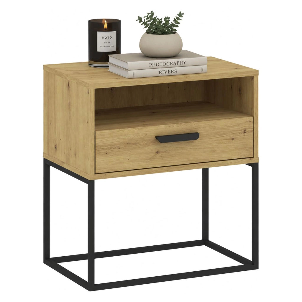 Leha, Comodino un Cassetto, 60x39x65h cm Marrone Rovere