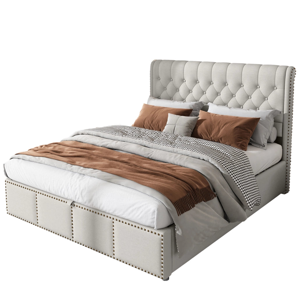 Letti contenitori 160x200 cm con contenitore; testiera alta; cotone-lino grigio (Senza materasso)