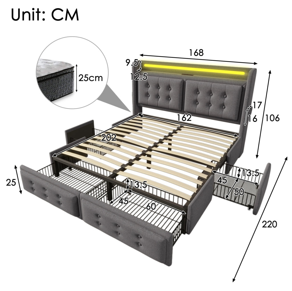 Letto contenitore 160x200 cm con LED; porta USB C e 4 cassetti; tessuto cotone-lino grigio