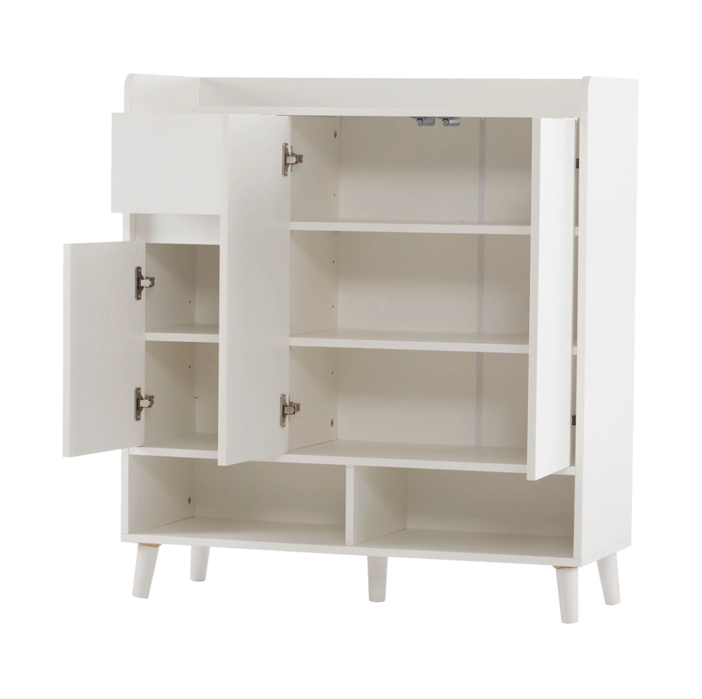 Scarpiera 90x35x99 cm con ripiani regolabili e vani aperti; pannello truciolare bianco