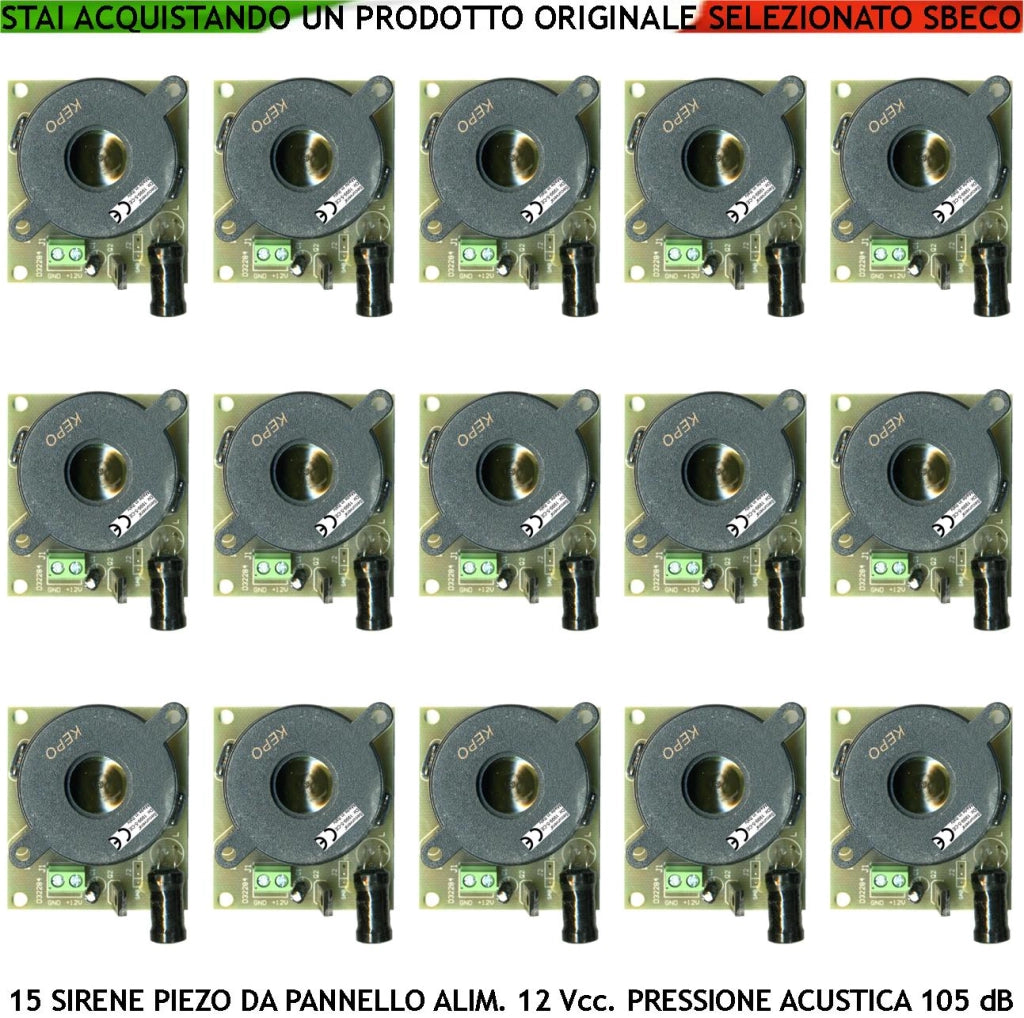Sirena da Pannello Diffusore Piezo 15 Pezzi Acustica 105 dB Alimentazione 12 Vcc Morsetti Polarizzati Assorbimento 80 mA Melodia Bitonale A/B 1500 +/- 4000 Hz Fissaggio Circuito Tramite 4 Fori IP30