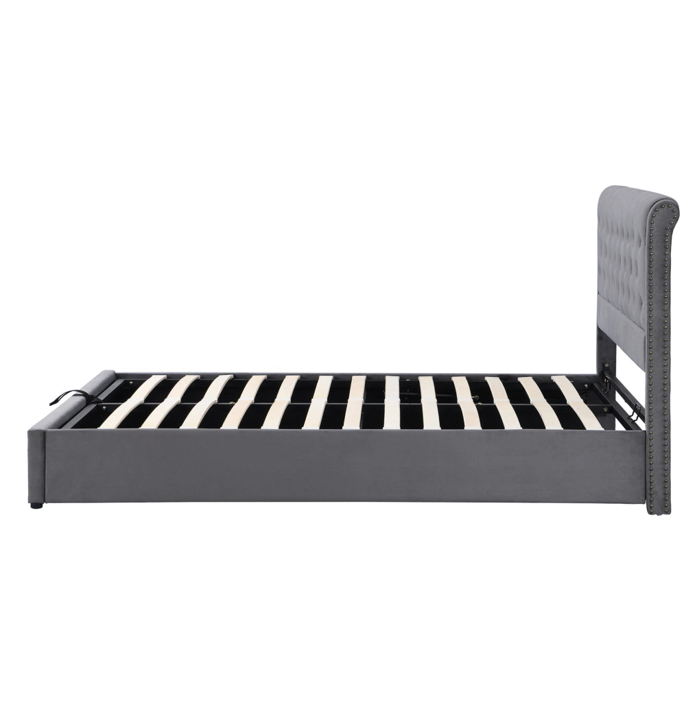 Letto contenitore imbottito in velluto grigio 140x190 cm