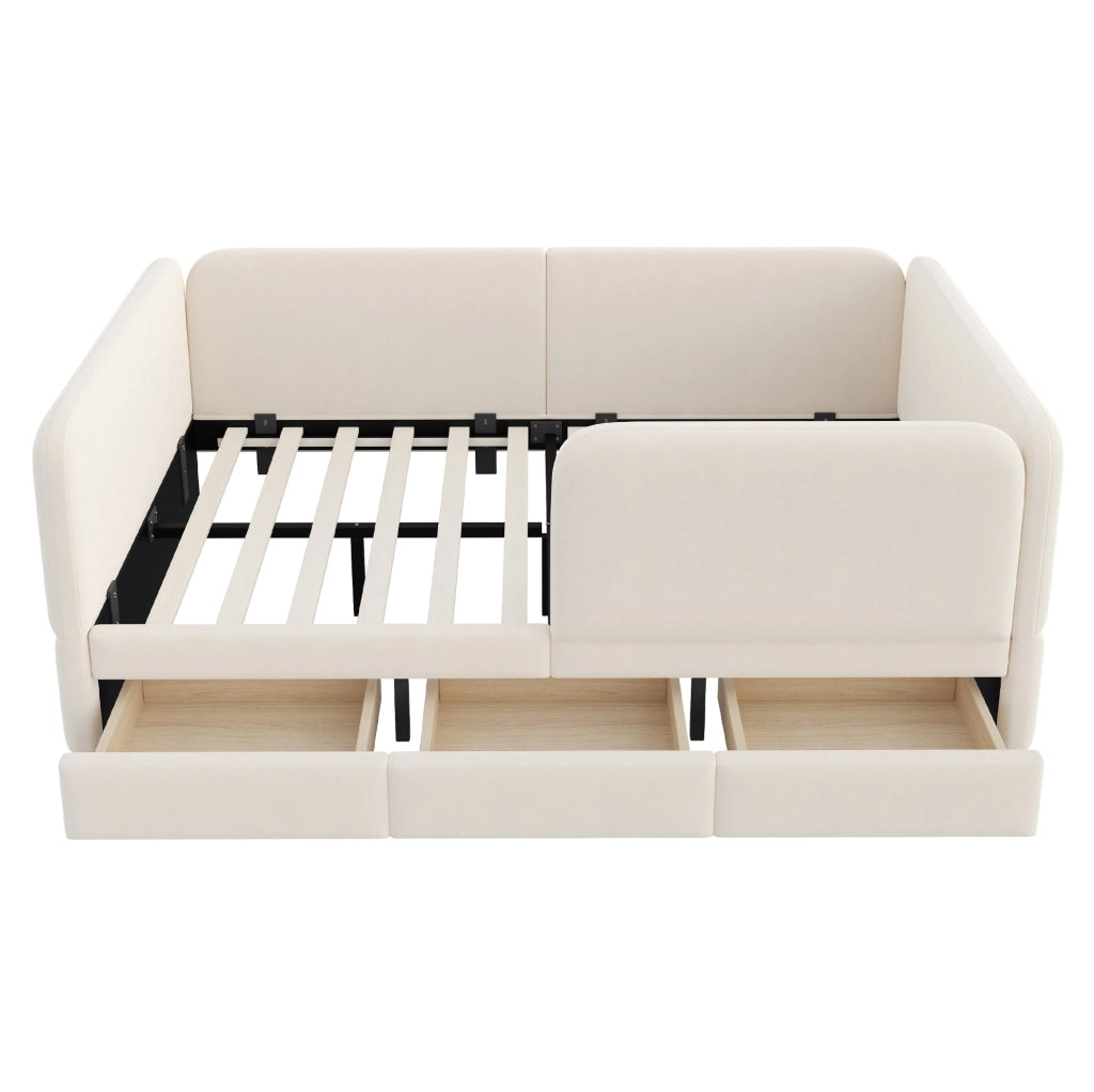 Letto imbottito per bambini 140x200 cm in velluto beige con sponde imbottite e 3 cassetti