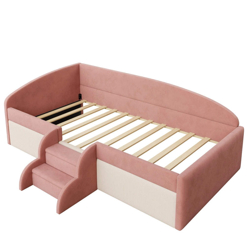 Letto imbottito 90x190 cm con gradini e sponde in velluto rosa e bianco crema