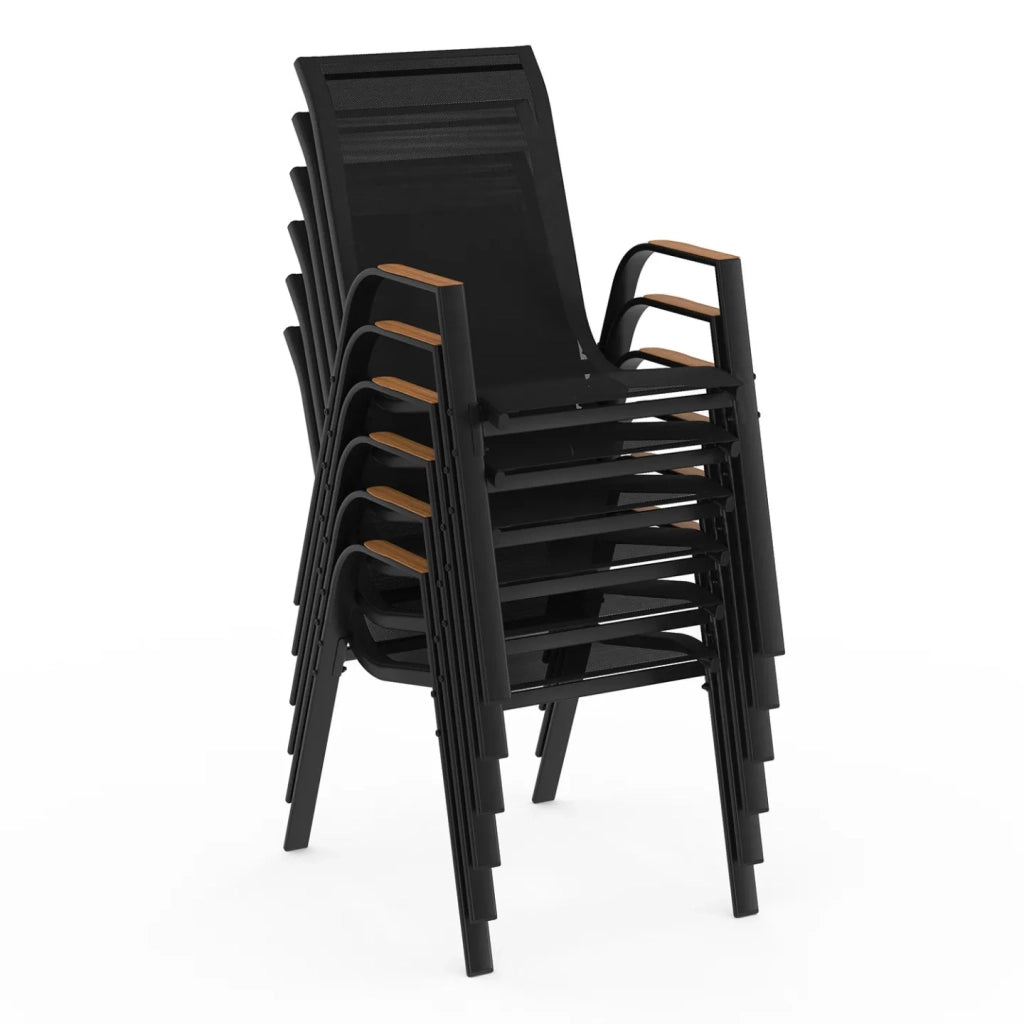IDMarket - Set di mobili da giardino NOUMEA - Tavolo da 150 cm con piano in vetro temperato effetto legno e 6 sedie impilabili in legno e n