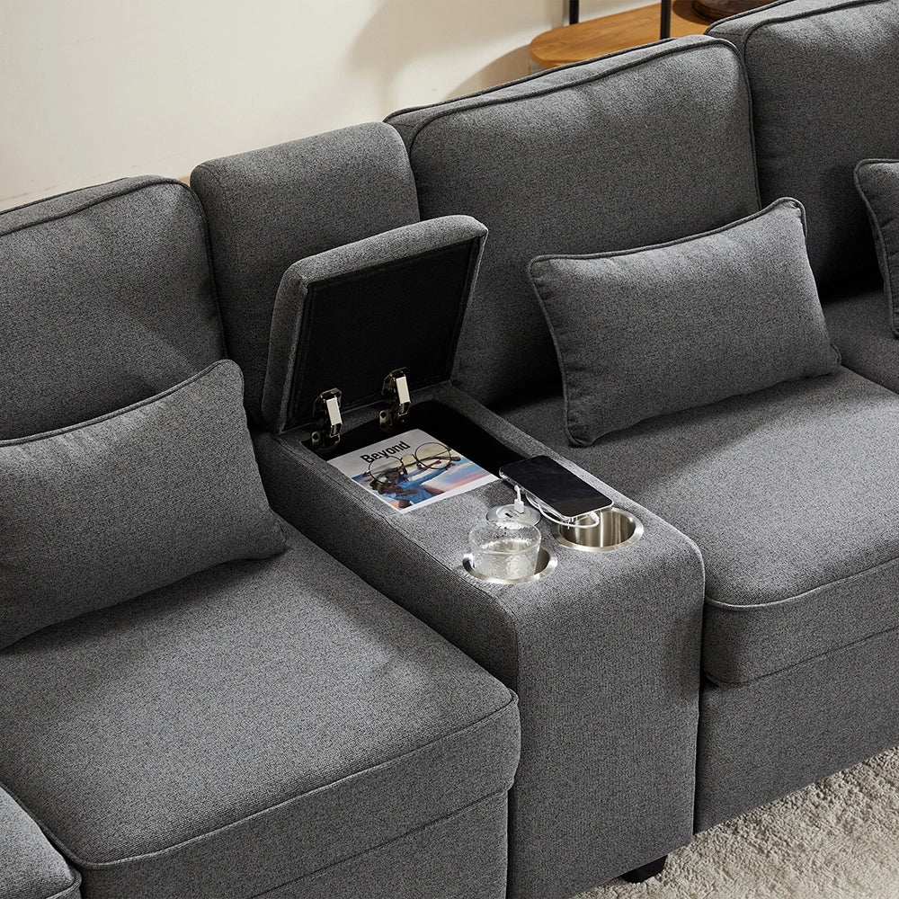 Canap?? 4 posti con braccioli portaoggetti - Xylo - Grigio scuro tessuto lino con console