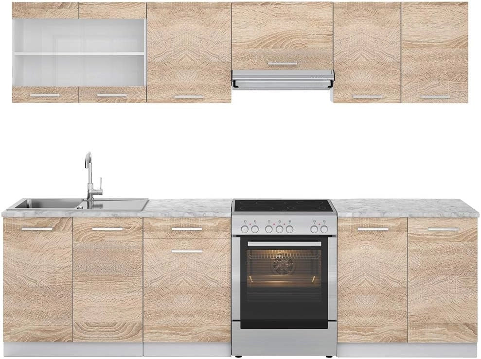 Mobile da cucina Raul, Sonoma, 270 cm, PL Marmo con striscia LED, con moduli regolabili e piedini ad altezza variabile