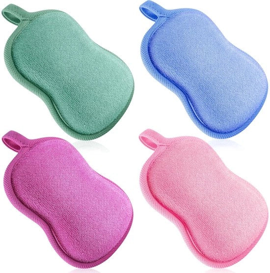 Set di 4 spugne per bambini, spugne di cotone per bambini, palline assorbenti morbide per bagni per bambini, adatte per bambini, neonati, uomini e donne (rosso, viola, verde, blu)