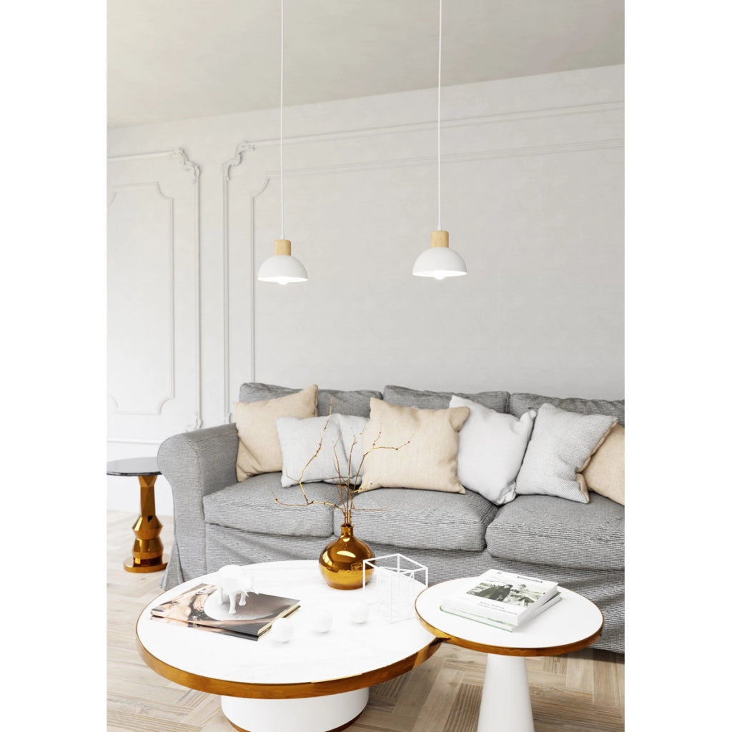 Lampada a sospensione Seco in acciaio bianco e legno