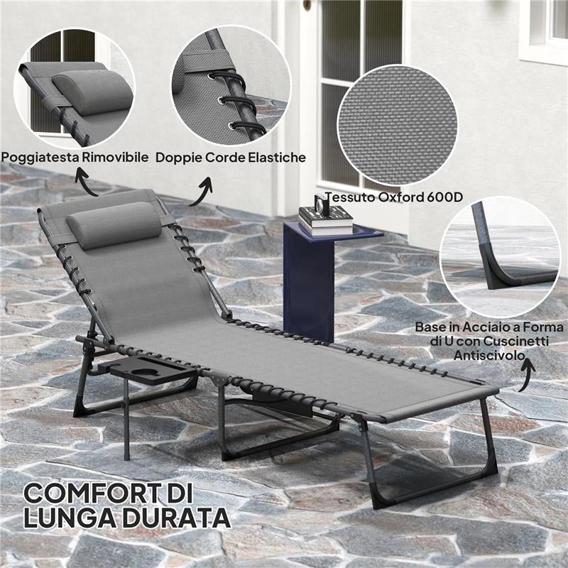 SDRAIO DA GIARDINO PIEGHEVOLE E RECLINABILE A 5 LIVELLI CON TAVOLINO LATERALE E TASCA 60X190X31 CM GRIGIO E NERO