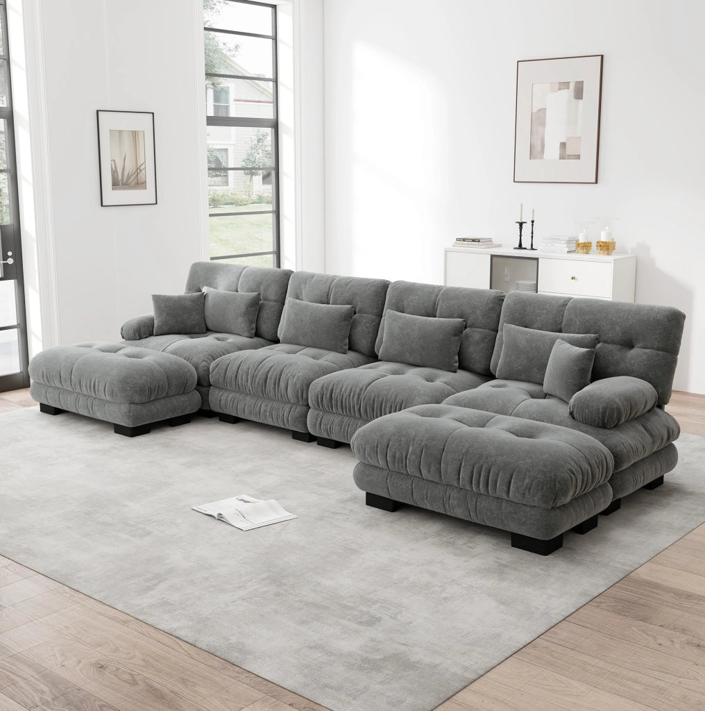 Divano modulare 4 posti con pouf mobili; configurazione a U o ad angolo; in ciniglia grigia