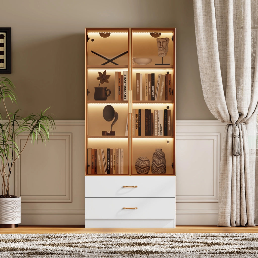 Mobile bagno alto in MDF bianco con vani aperti; ante e vetro temperato