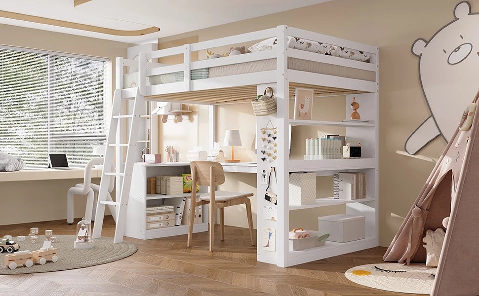 Letto a soppalco per bambini con scaffale e scala, 90x200 cm, bianco