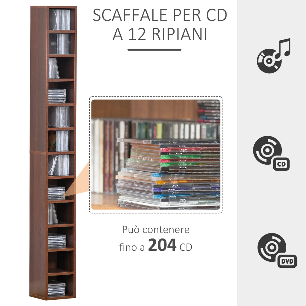 EasyComfort Scaffale Porta CD a 12 Ripiani per 204 CD, Libreria Porta CD, Videogames, Blu-ray in MDF e Truciolato, 21x20x175 cm, Marrone