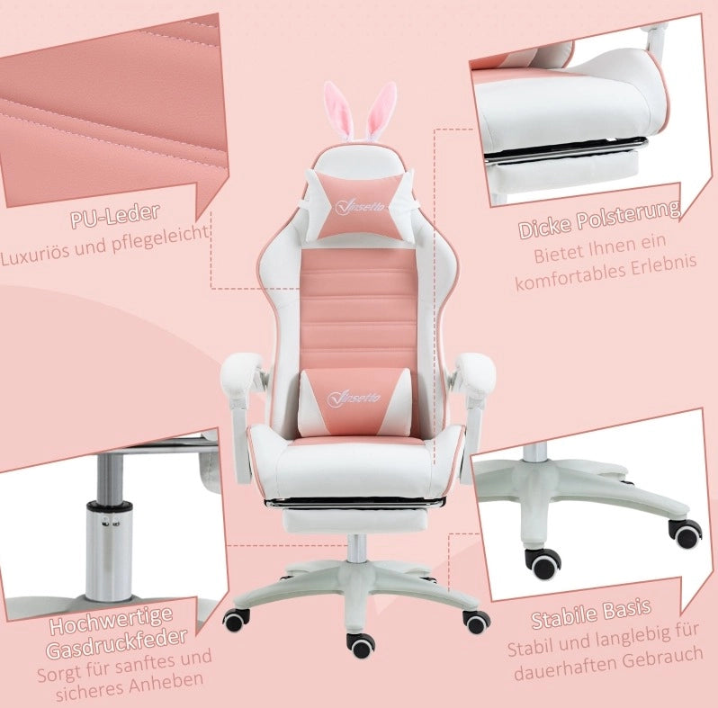 Sedia gaming rosa con orecchie da coniglio e poggiapiedi