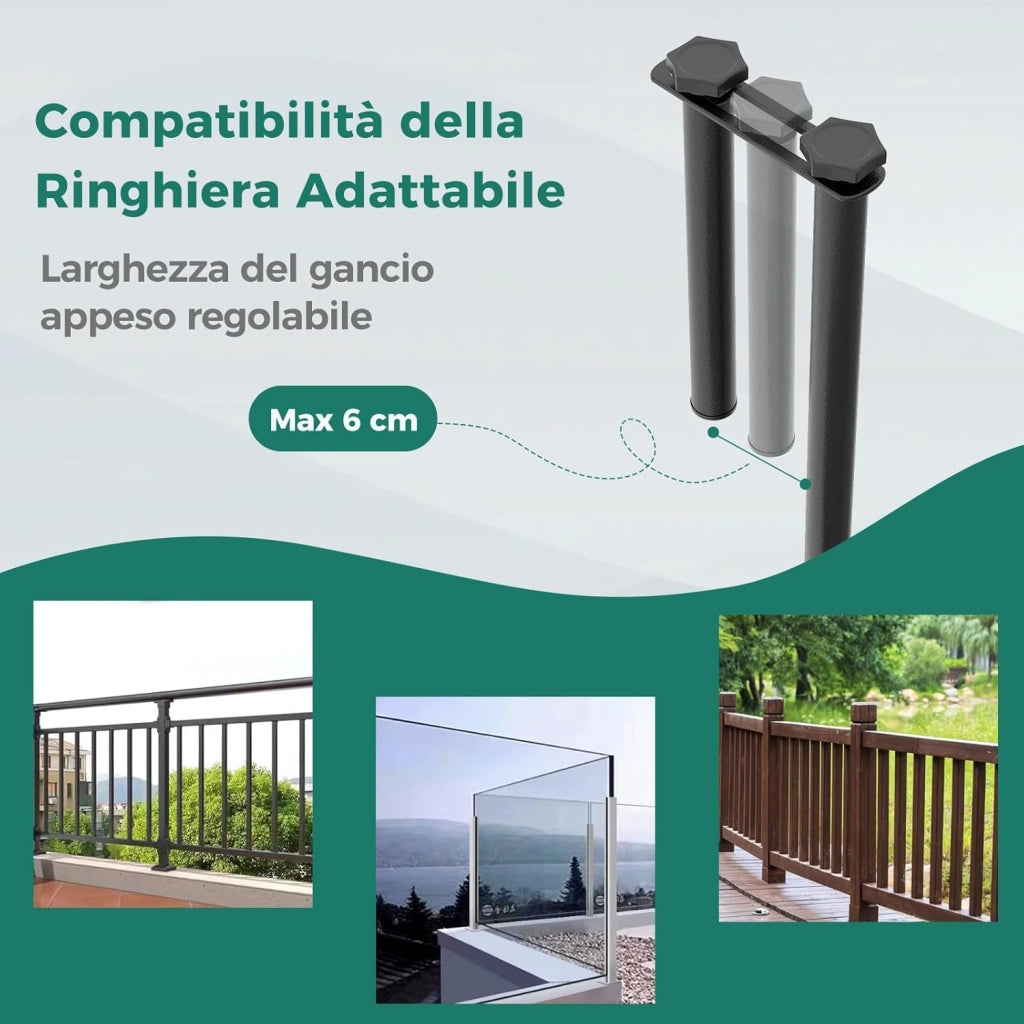 Tavolino da Balcone, Tavolino Sospeso Pieghevole con Struttura in Metallo, Tavolo Salvaspazio da Ringhiera per Patio e Terrazzo, Portata 23 kg, 60,5 x 50,5 x 51 cm