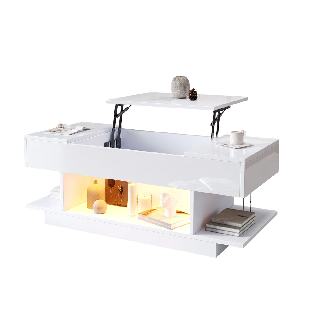 Tavolino da salotto 98x45x40 cm; elevabile con LED e vani contenitori; truciolato bianco