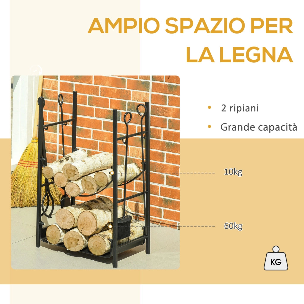 EasyComfort Portalegna da Interno ed Esterno in Metallo a 2 Ripiani, Porta Legna per Interni con Supporti Rimovibili, Paletta, Scopa, Attizzatoio e Pinza, 44.5x29.5x73 cm, Nero