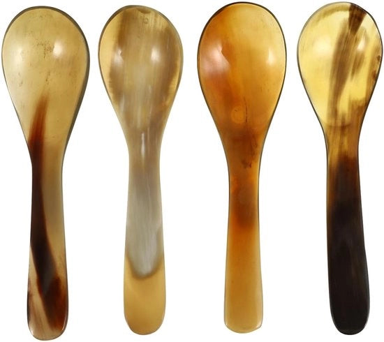 Set di posate a quattro pezzi - Cucchiaio per uova / Cucchiaio per dessert - Cucchiaio per caffè / Cucchiaio per mescolare - Manico di corna di bue di alta qualità - Duraturo e sicuro - Adatto per il tè pomeridiano - Set da tavola