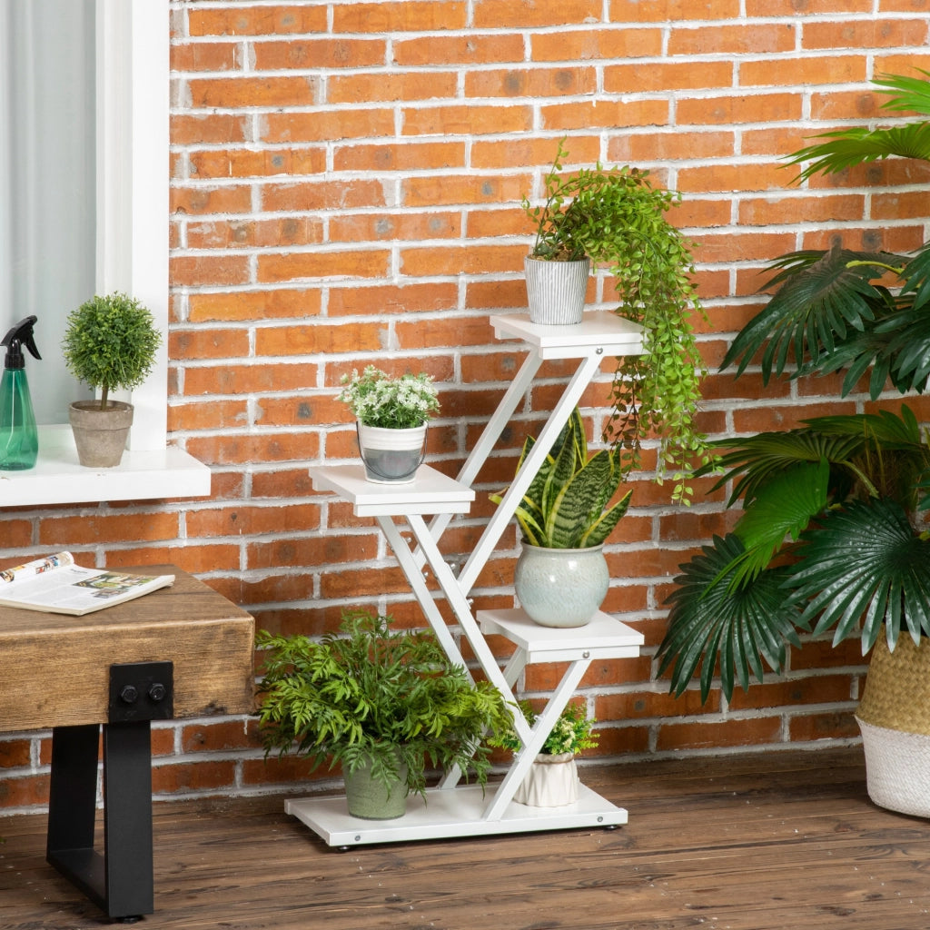 Easycomfort Scaletta Portavasi a 4 Livelli per Interni ed Esterni in MDF e Acciaio, 50.5x24x81 cm, Bianco