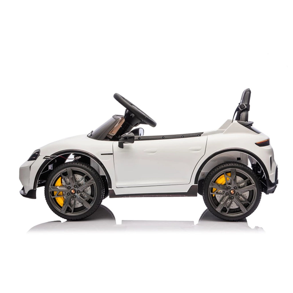 Macchina Elettrica per Bambini Porsche Taycan Turbo S 12V con Telecomando Bluetooth Luci LED e Tappetini Bianco