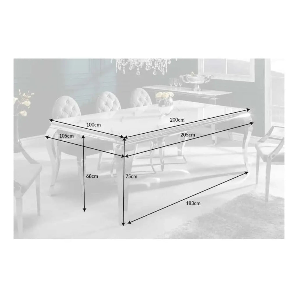 Tavolo VELENA 200 cm – Piano in vetro effetto marmo bianco – Struttura in acciaio argentato