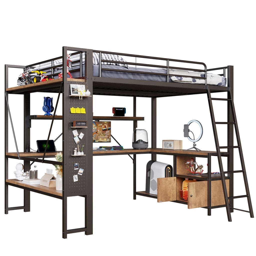 LETTO A SOPPALCO 140x200 cm Nero in metallo con scrivania, LED e USB