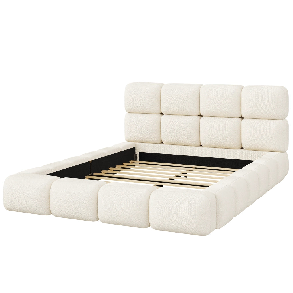 Letto Matrimoniale 160x200 cm; in Bouclé Bianco; Testiera Imbottita e Bordi Arrotondati