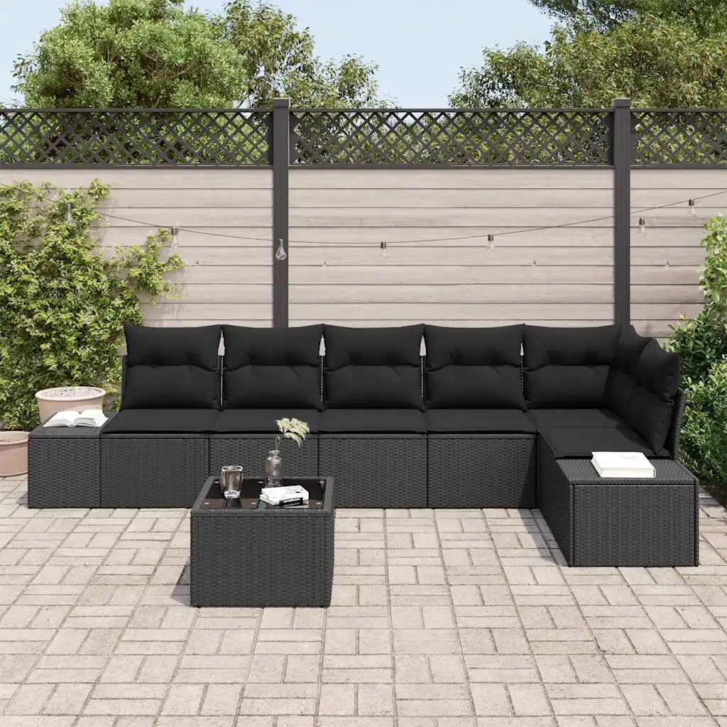 Set Divano da Giardino con cuscino 7 pcs Nero polyrattan