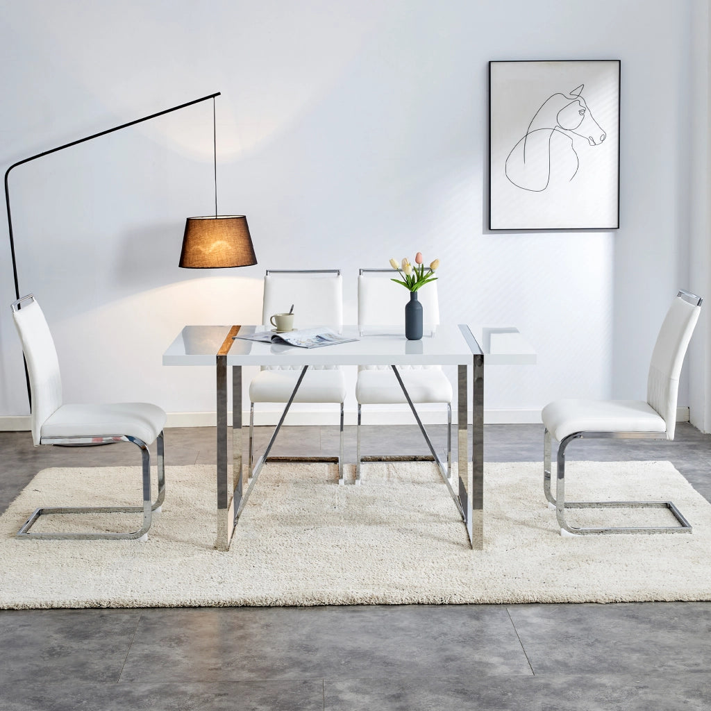 Sedia da pranzo ergonomica in metallo con schienale in PU e lino e piedini protettivi bianco