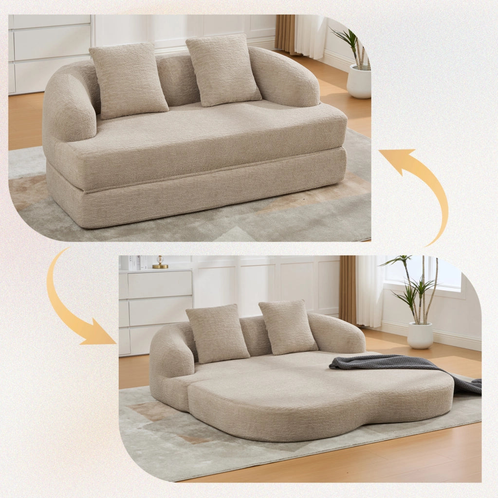 Divano letto 2 posti in chenille kaki con due cuscini, trasformabile, 157x84x65 cm