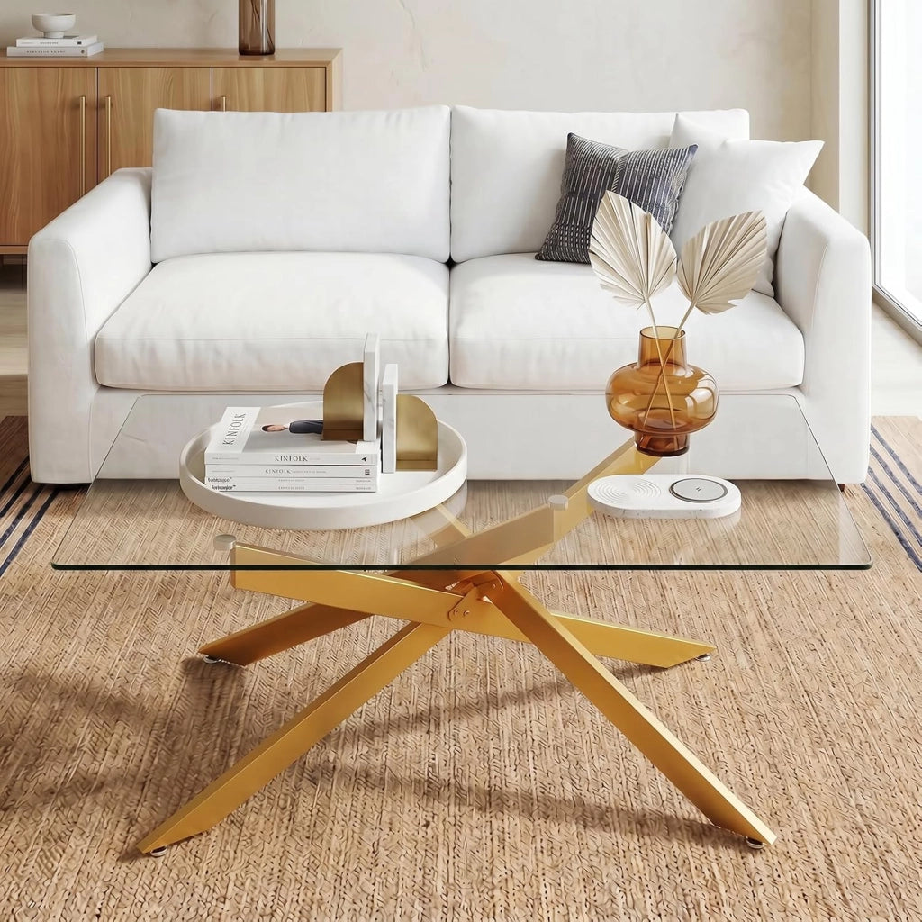 Tavolino da Salotto con Piano in Vetro Temperato, Gambe Incrociate e Piedini Regolabili, Tavolo Basso in Stile Industriale per Soggiorno, Camera da Letto, Ufficio, 120 X 60 X 45,5 CM (Dorato)