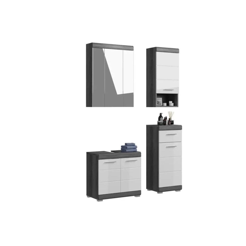 Set bagno SCOTT – Mobile sotto lavabo, mobiletto con specchio e 2 mezze colonne – Grigio scuro e bianco
