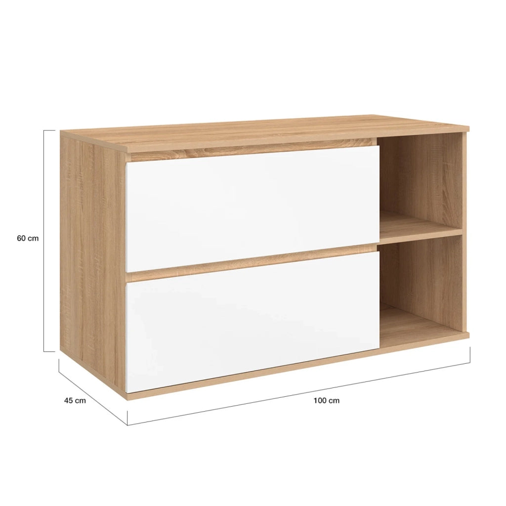 IDMarket - Mobile bagno sospeso TOMI con 2 cassetti e 2 nicchie, finitura faggio e bianco
