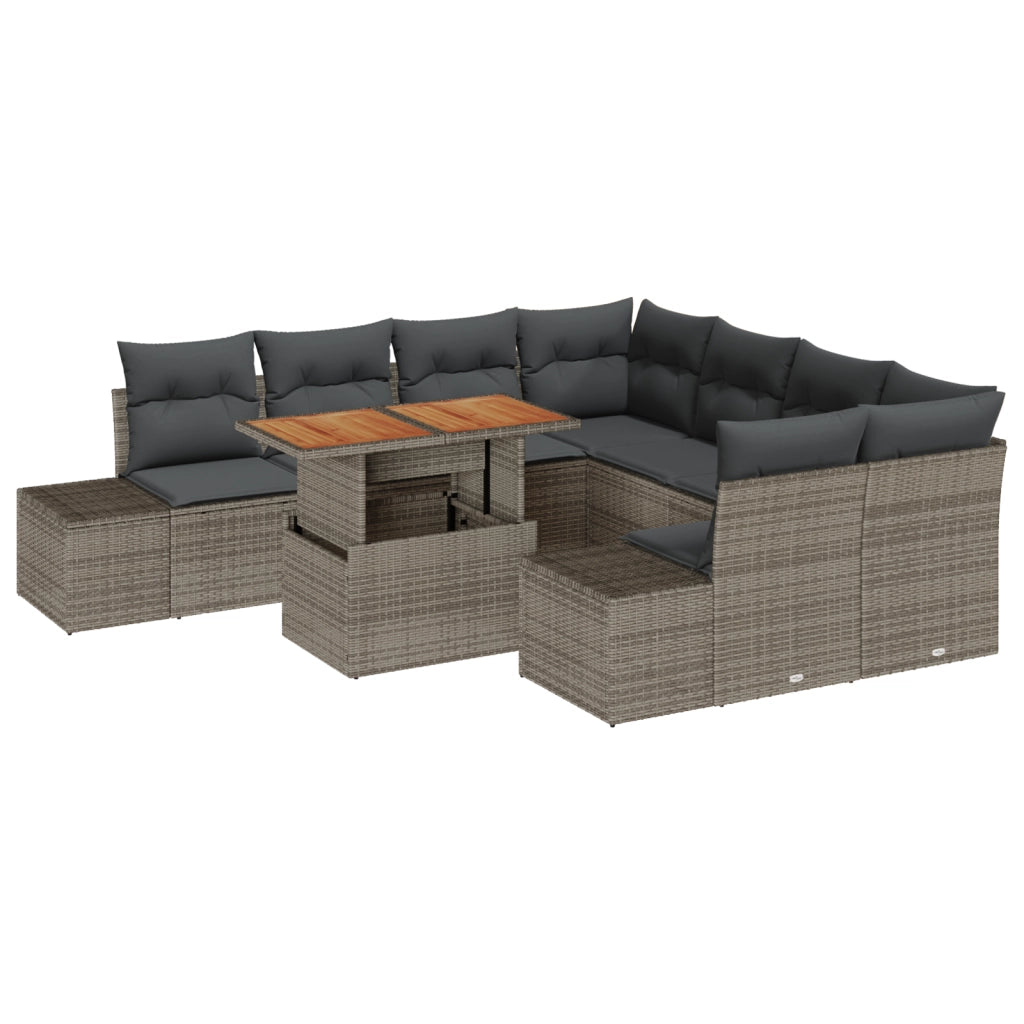 Set di Divano da Giardino 9 Pezzi con Cuscini Grigio Polyrattan