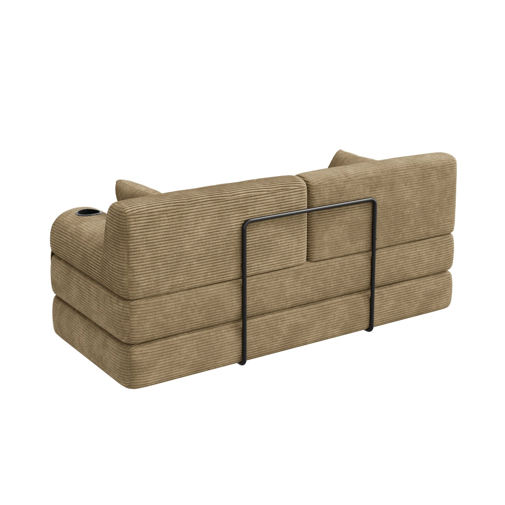 Divano letto 2 posti con schienale alto, tasche laterali e portabicchieri in velluto a coste khaki 168 × 80 × 81 cm