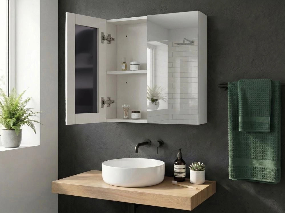 Armadietto a specchio per bagno in compensato bianco 80 x 70 cm Scaffali pensili a 2 ante