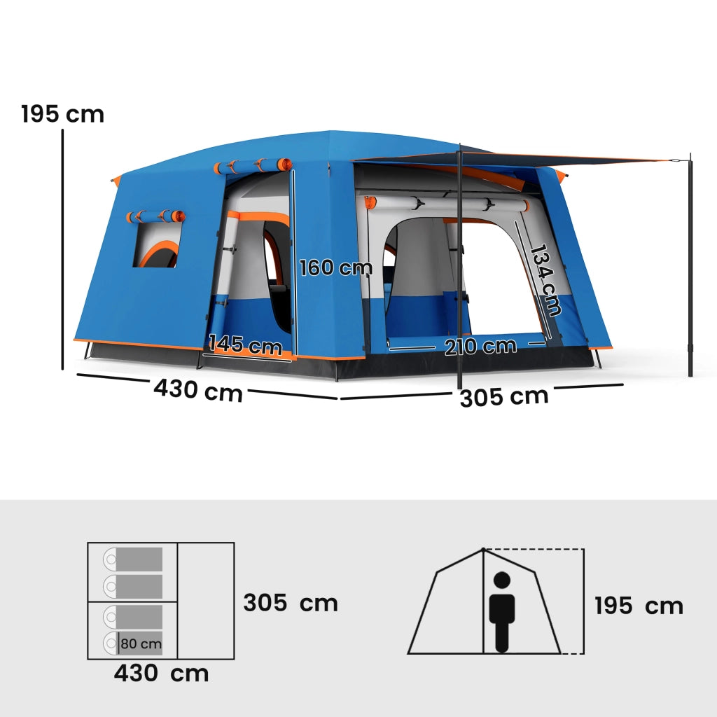 Tenda da Campeggio 4 Persone 2 Camere Soggiorno Impermeabile 430x305 cm Grigio Blu ¨C zephmum